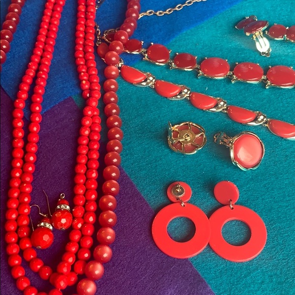 Jewelry - Lisner vintage red earrings w 4 necklaces